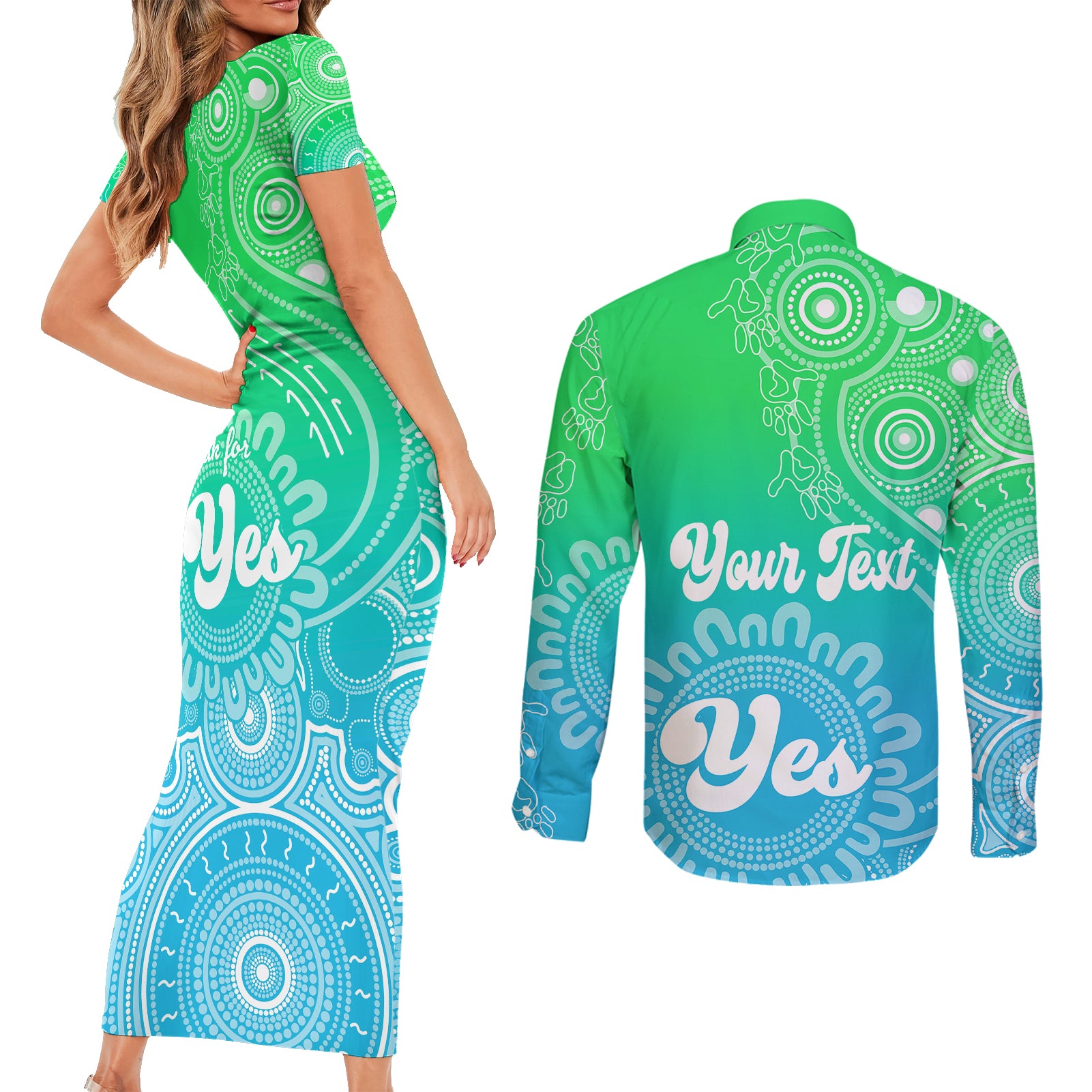 personalised-australia-walk-for-yes-couples-matching-short-sleeve-bodycon-dress-and-long-sleeve-button-shirts-indigenous-voice-2023-aboriginal-green-vibe