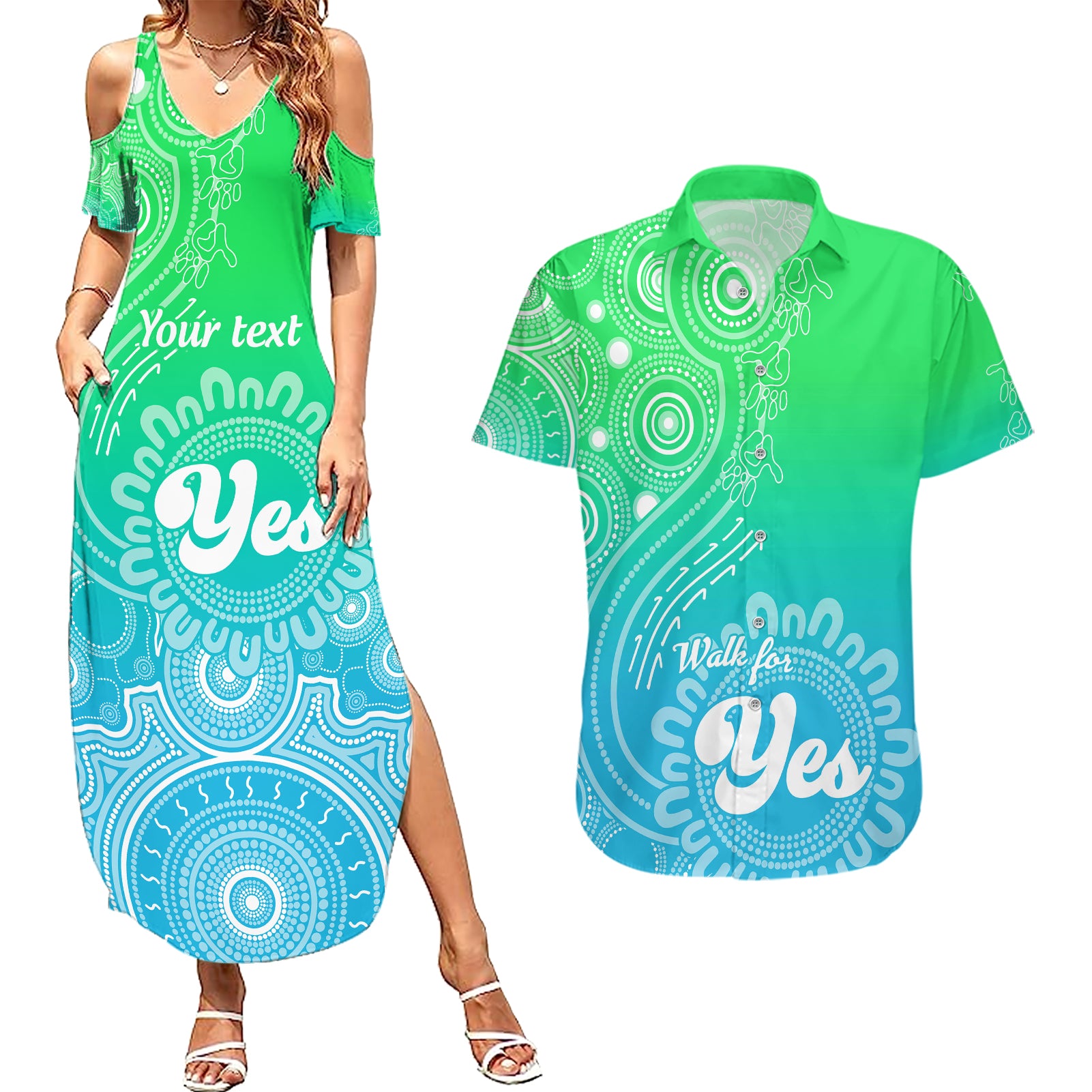 personalised-australia-walk-for-yes-couples-matching-summer-maxi-dress-and-hawaiian-shirt-indigenous-voice-2023-aboriginal-green-vibe