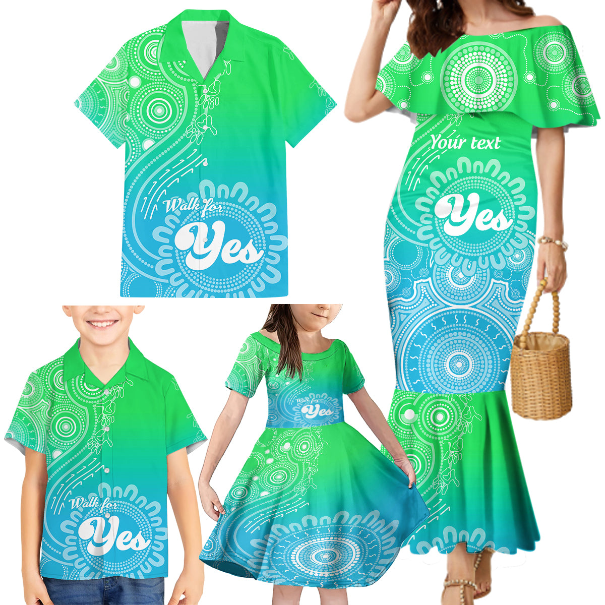 personalised-australia-walk-for-yes-family-matching-mermaid-dress-and-hawaiian-shirt-indigenous-voice-2023-aboriginal-green-vibe