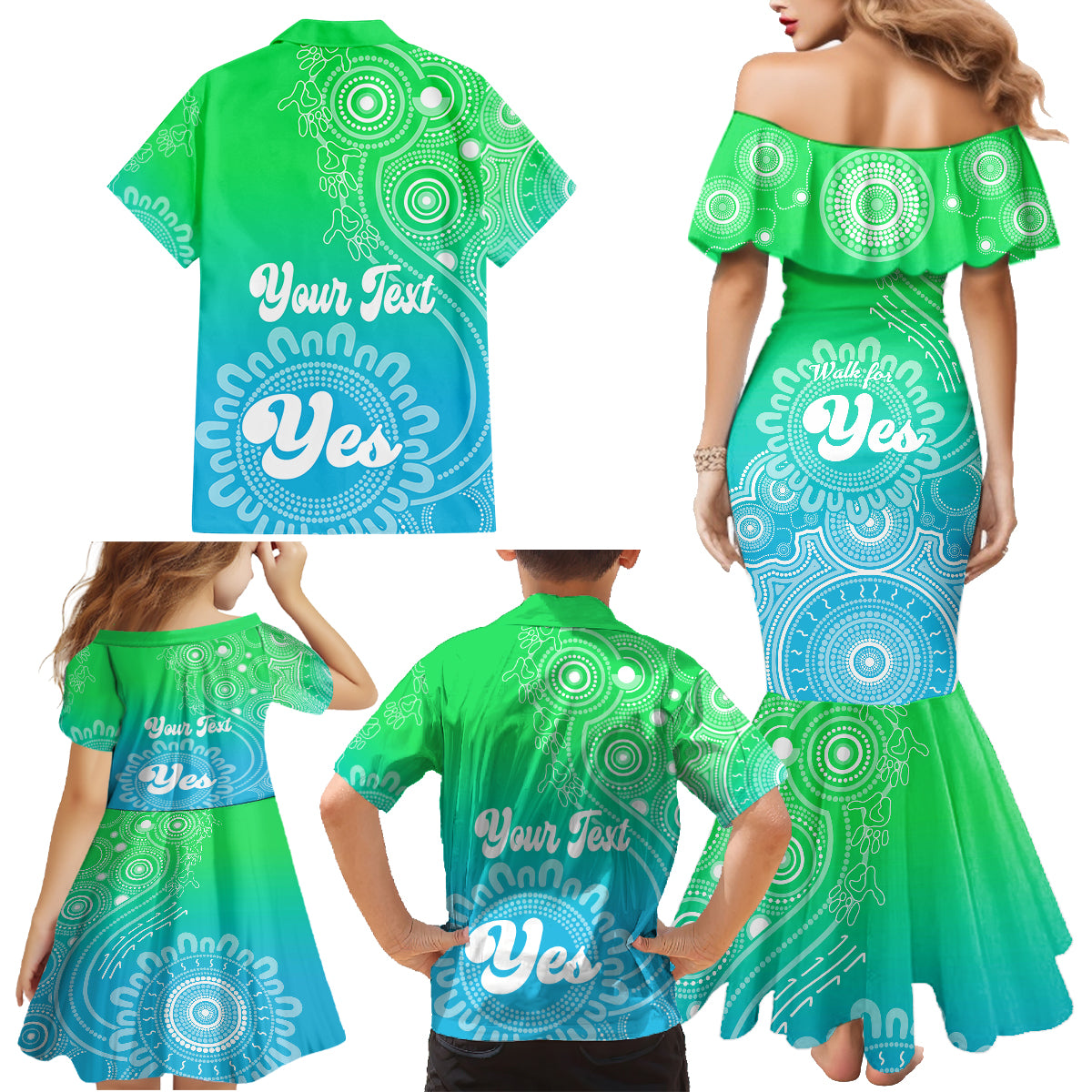 personalised-australia-walk-for-yes-family-matching-mermaid-dress-and-hawaiian-shirt-indigenous-voice-2023-aboriginal-green-vibe