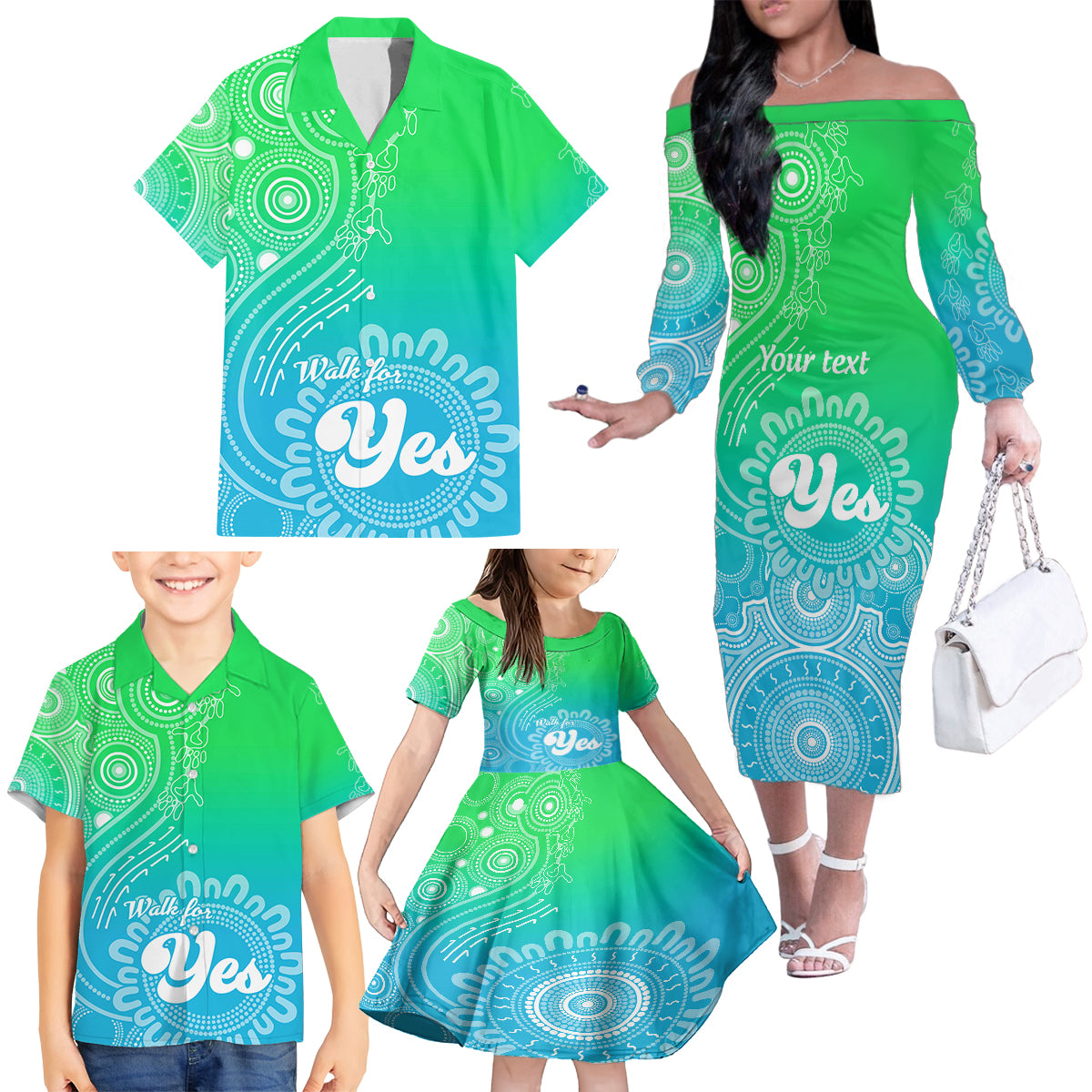 personalised-australia-walk-for-yes-family-matching-off-shoulder-long-sleeve-dress-and-hawaiian-shirt-indigenous-voice-2023-aboriginal-green-vibe