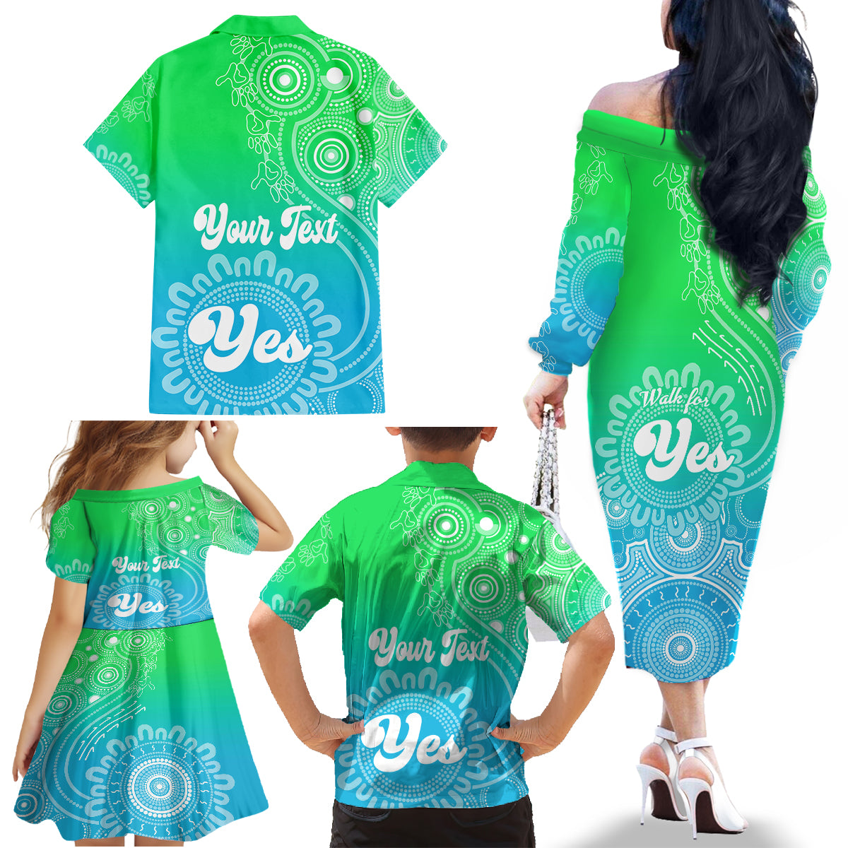 Personalised Australia Walk For Yes Family Matching Off Shoulder Long Sleeve Dress and Hawaiian Shirt Indigenous Voice 2023 Aboriginal Green Vibe LT9