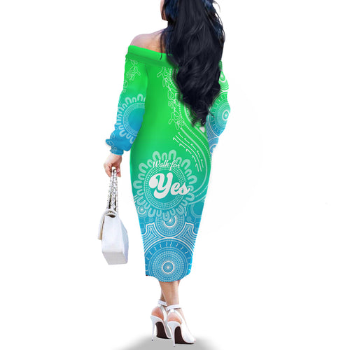 personalised-australia-walk-for-yes-family-matching-off-shoulder-long-sleeve-dress-and-hawaiian-shirt-indigenous-voice-2023-aboriginal-green-vibe