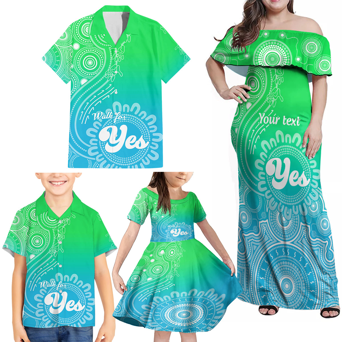 personalised-australia-walk-for-yes-family-matching-off-shoulder-maxi-dress-and-hawaiian-shirt-indigenous-voice-2023-aboriginal-green-vibe
