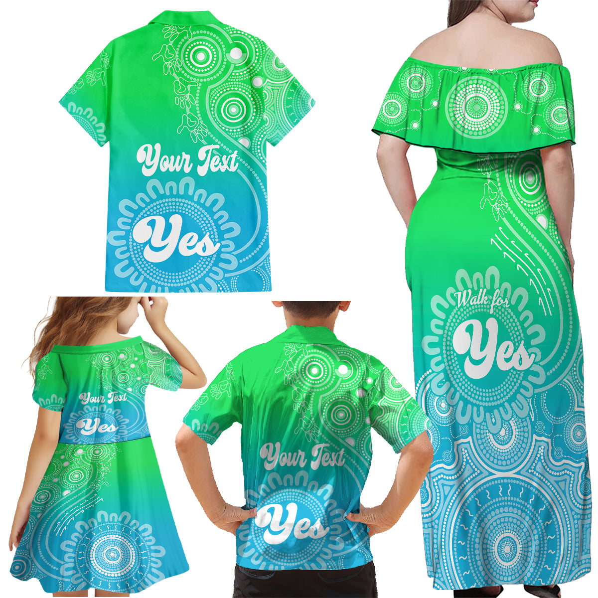 personalised-australia-walk-for-yes-family-matching-off-shoulder-maxi-dress-and-hawaiian-shirt-indigenous-voice-2023-aboriginal-green-vibe