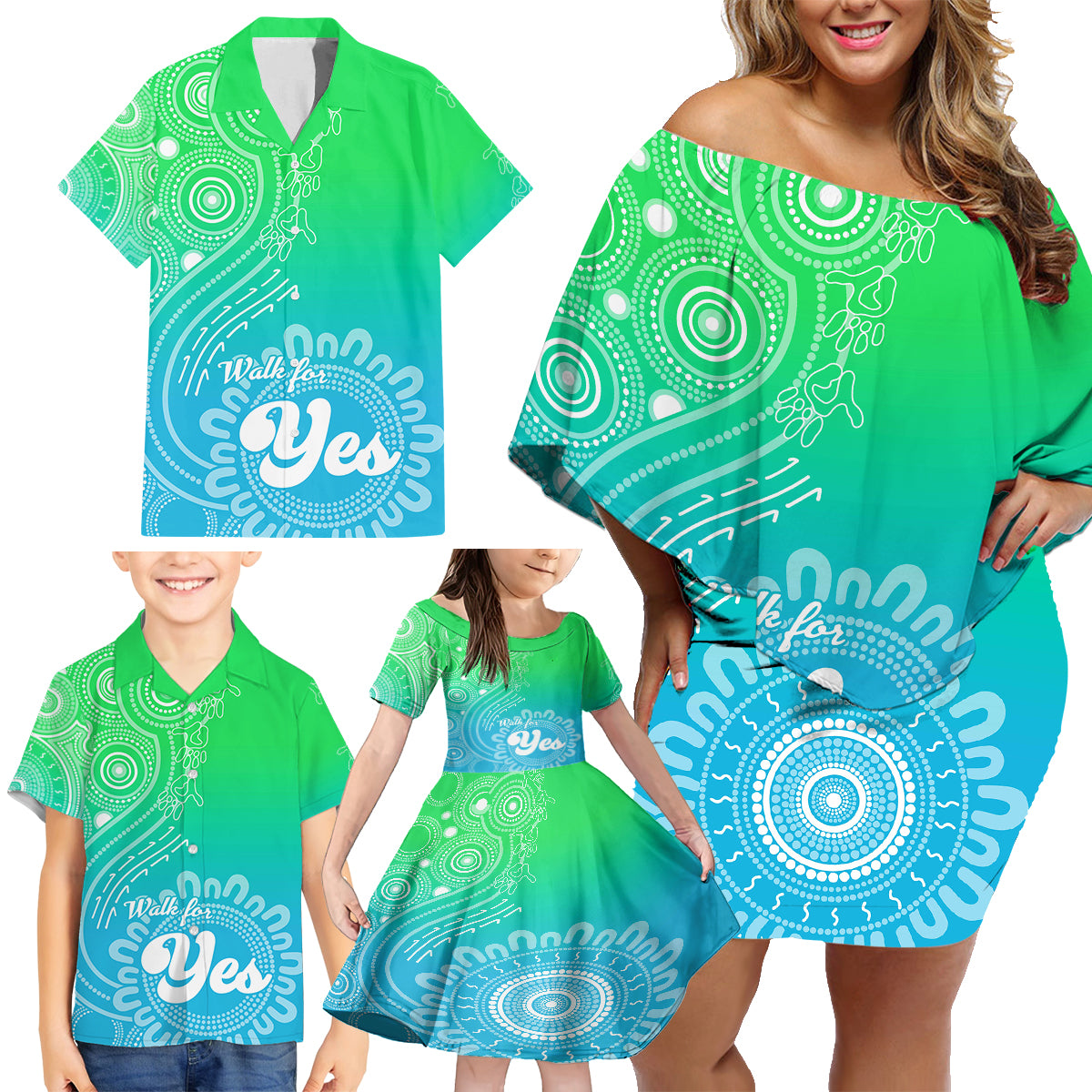 personalised-australia-walk-for-yes-family-matching-off-shoulder-short-dress-and-hawaiian-shirt-indigenous-voice-2023-aboriginal-green-vibe