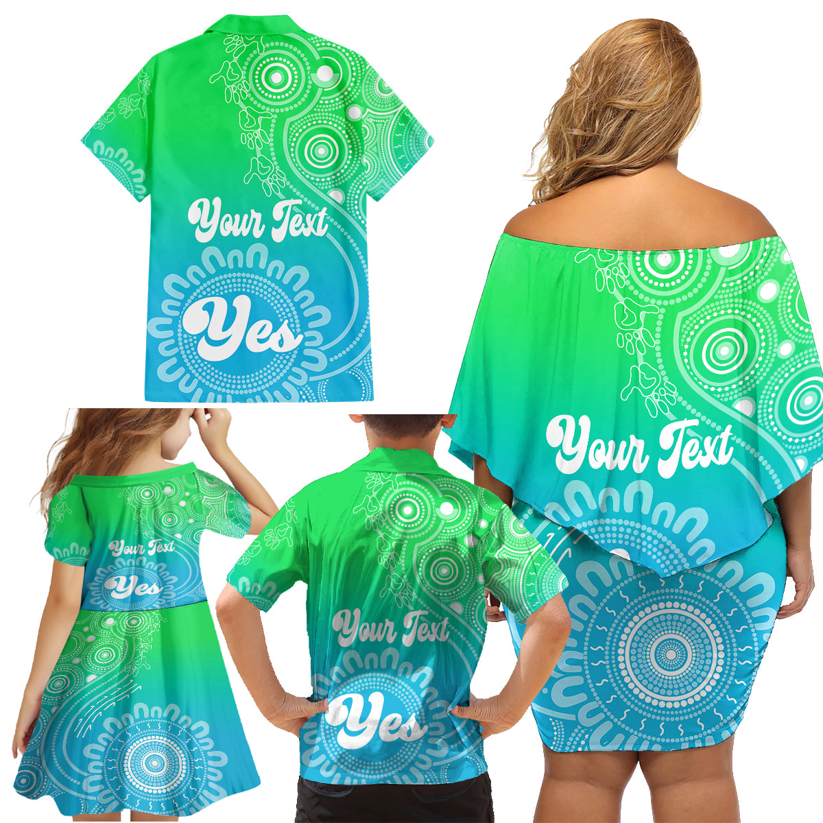 personalised-australia-walk-for-yes-family-matching-off-shoulder-short-dress-and-hawaiian-shirt-indigenous-voice-2023-aboriginal-green-vibe