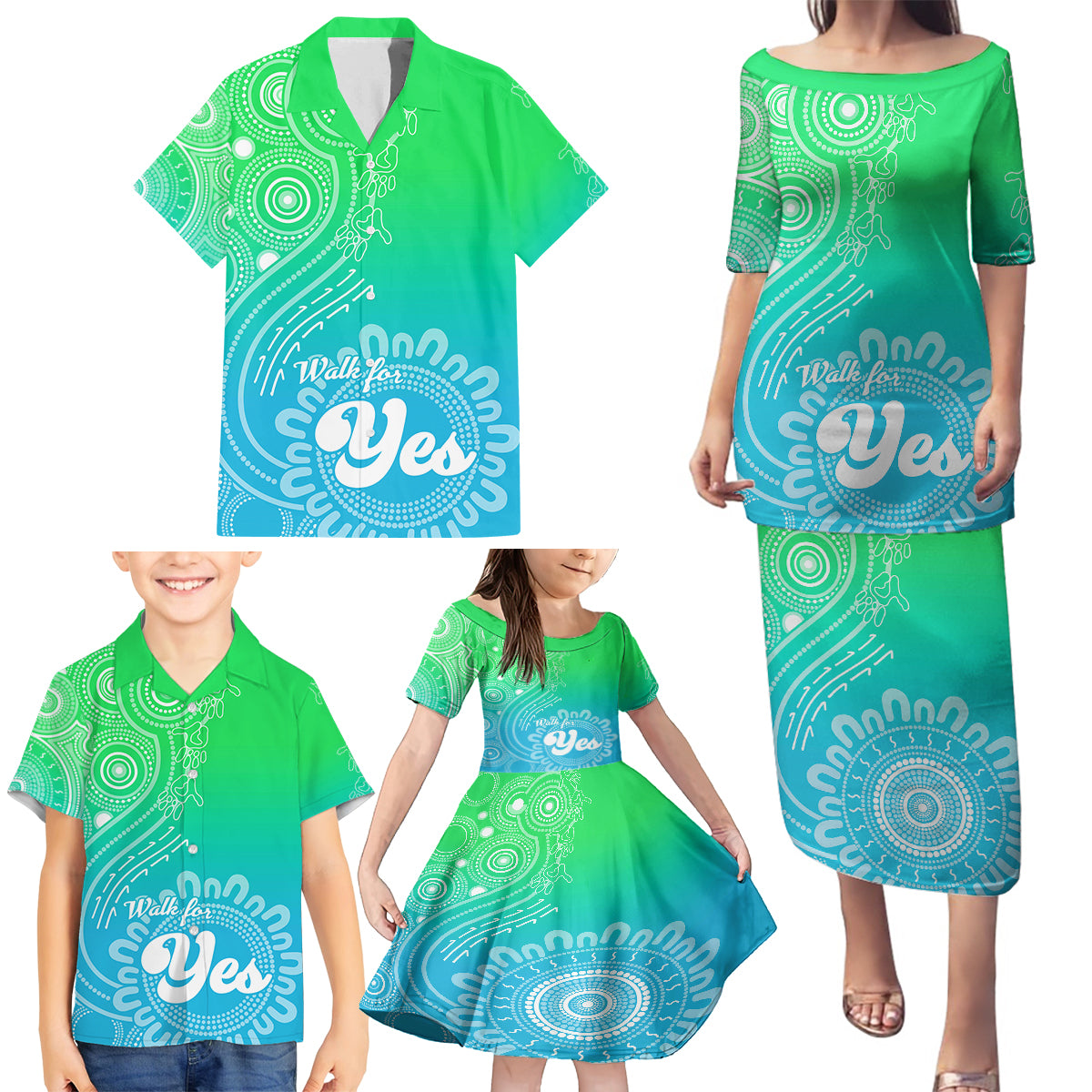 personalised-australia-walk-for-yes-family-matching-puletasi-dress-and-hawaiian-shirt-indigenous-voice-2023-aboriginal-green-vibe