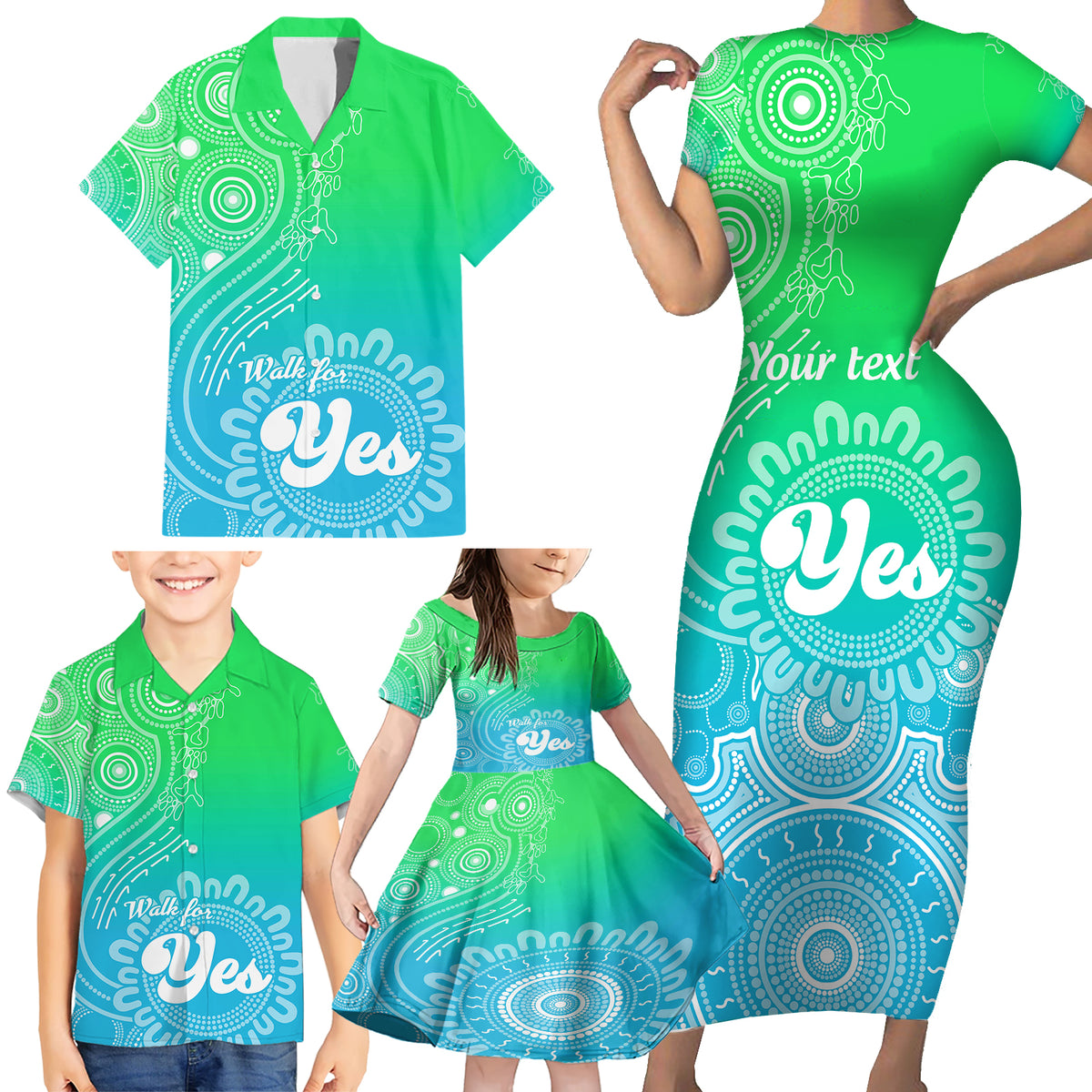personalised-australia-walk-for-yes-family-matching-short-sleeve-bodycon-dress-and-hawaiian-shirt-indigenous-voice-2023-aboriginal-green-vibe