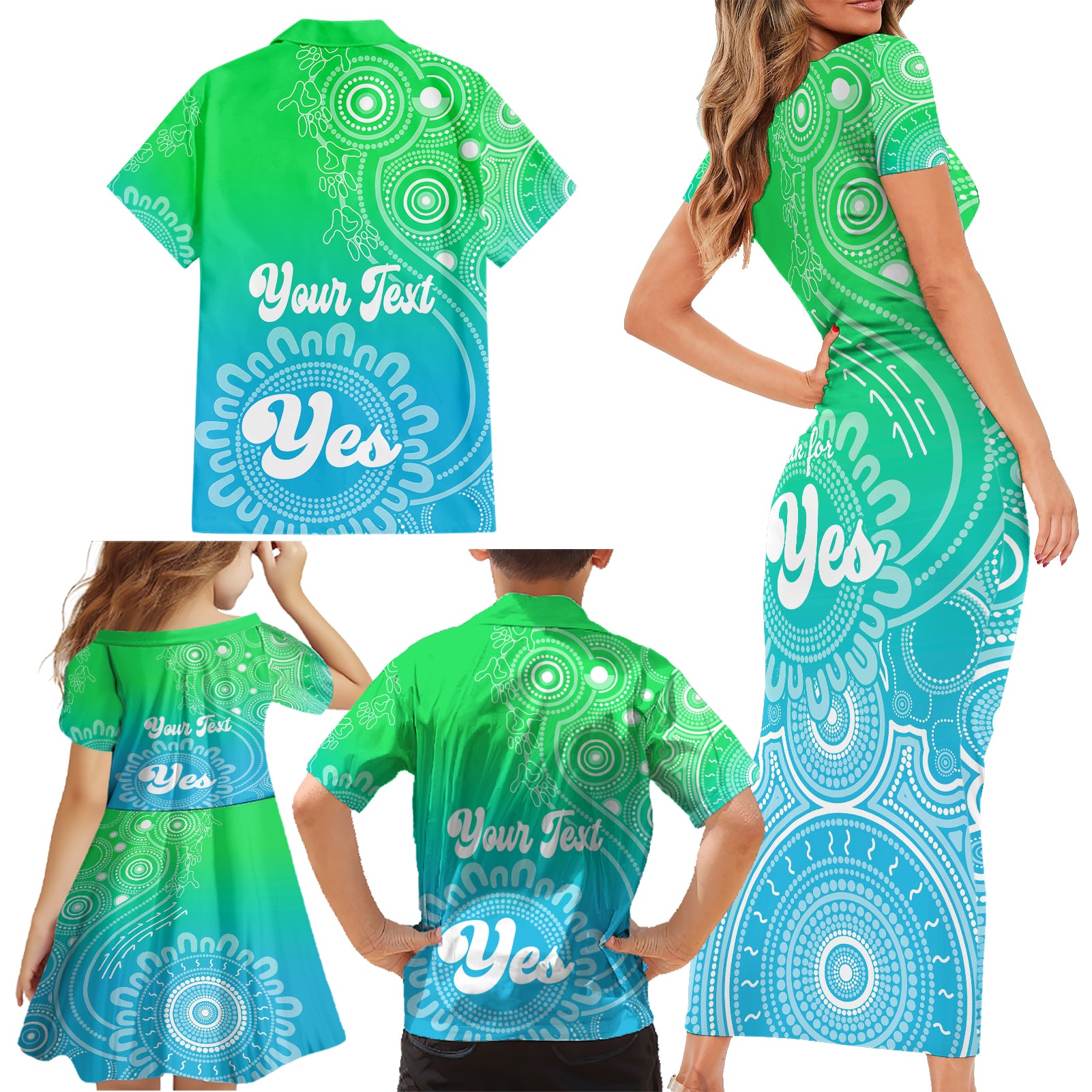 personalised-australia-walk-for-yes-family-matching-short-sleeve-bodycon-dress-and-hawaiian-shirt-indigenous-voice-2023-aboriginal-green-vibe