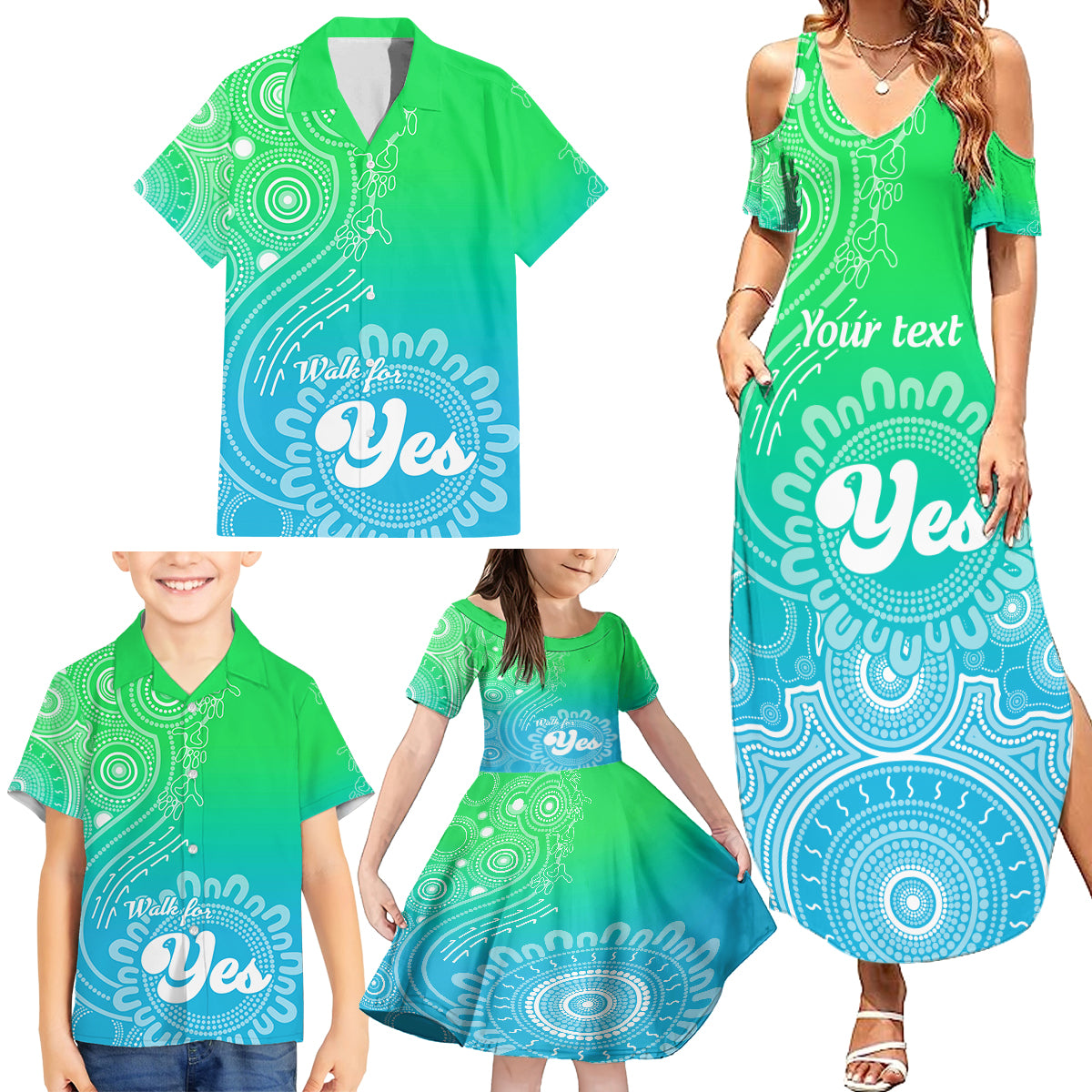 personalised-australia-walk-for-yes-family-matching-summer-maxi-dress-and-hawaiian-shirt-indigenous-voice-2023-aboriginal-green-vibe