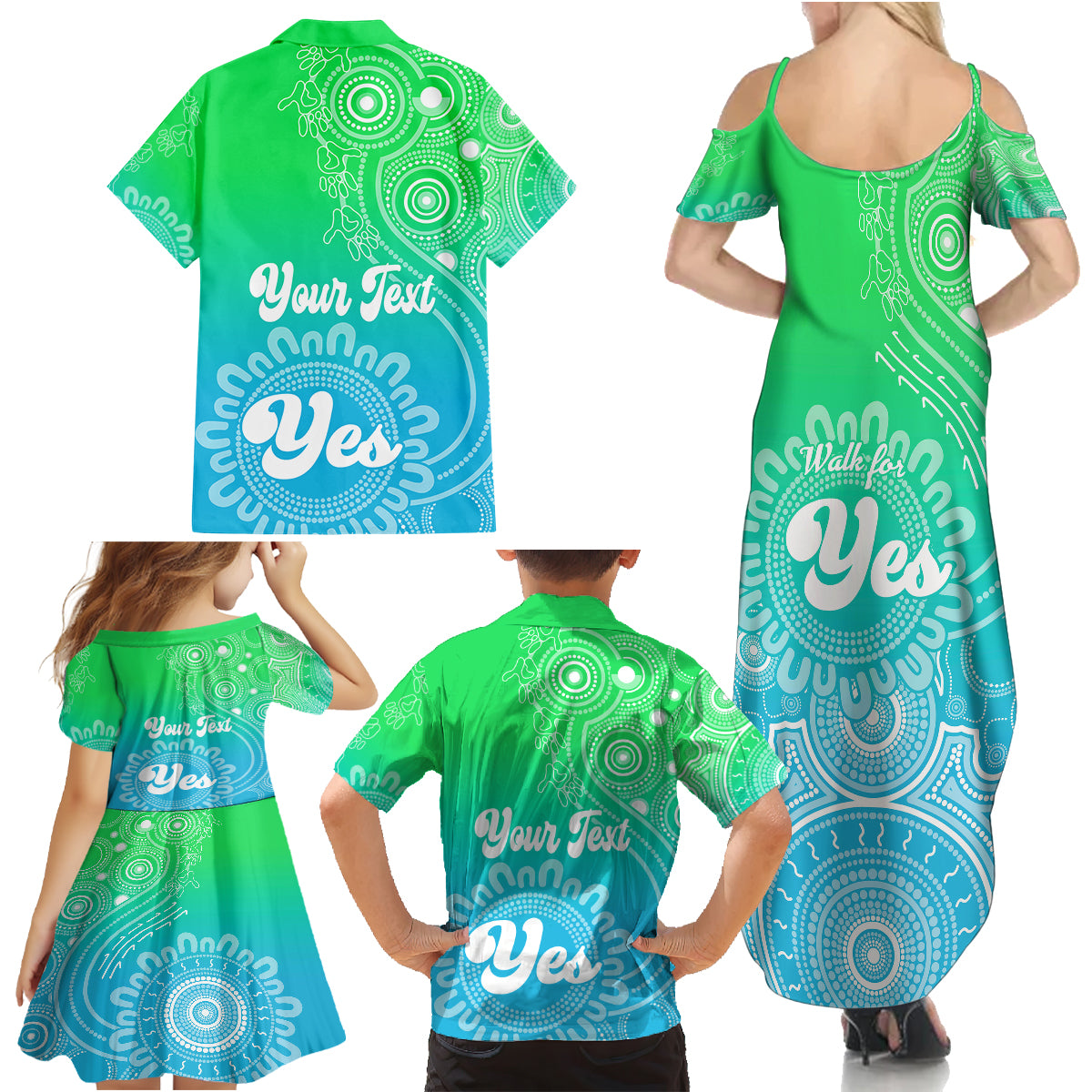 personalised-australia-walk-for-yes-family-matching-summer-maxi-dress-and-hawaiian-shirt-indigenous-voice-2023-aboriginal-green-vibe