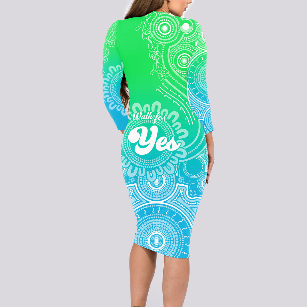 personalised-australia-walk-for-yes-long-sleeve-bodycon-dress-indigenous-voice-2023-aboriginal-green-vibe
