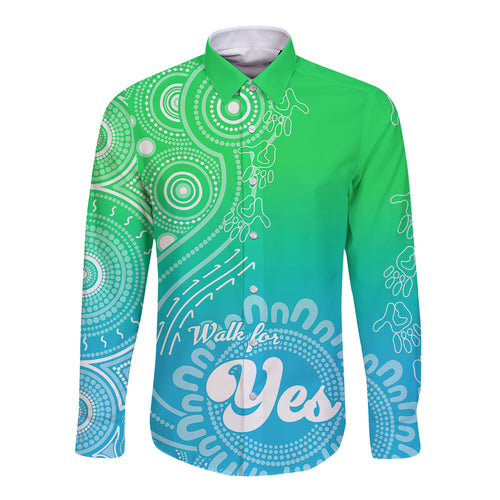 personalised-australia-walk-for-yes-long-sleeve-button-shirt-indigenous-voice-2023-aboriginal-green-vibe