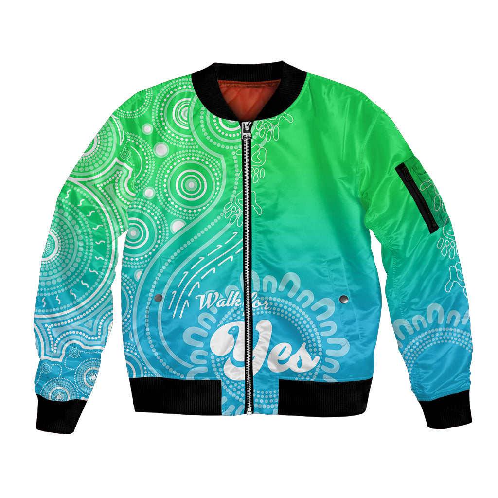 personalised-australia-walk-for-yes-sleeve-zip-bomber-jacket-indigenous-voice-2023-aboriginal-green-vibe