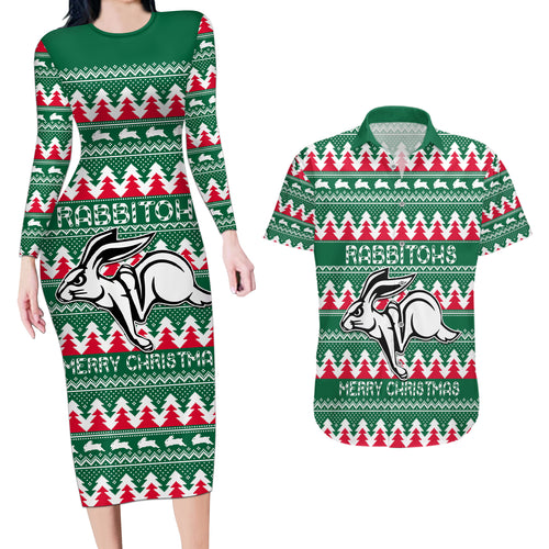 Personalised Rabbitohs Rugby Couples Matching Long Sleeve Bodycon Dress and Hawaiian Shirt Christmas Simple Vibe 2023 LT9