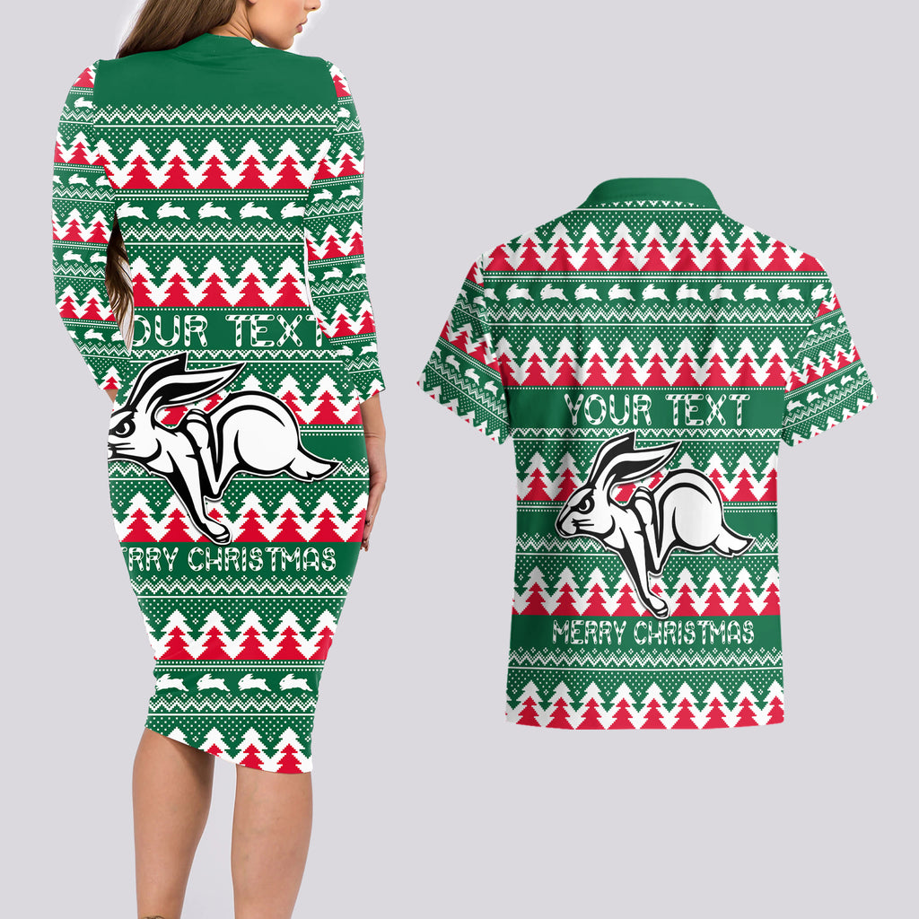Personalised Rabbitohs Rugby Couples Matching Long Sleeve Bodycon Dress and Hawaiian Shirt Christmas Simple Vibe 2023 LT9