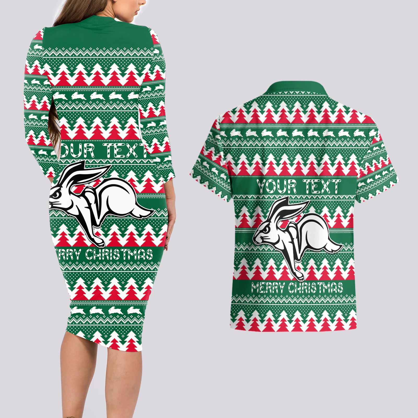 Personalised Rabbitohs Rugby Couples Matching Long Sleeve Bodycon Dress and Hawaiian Shirt Christmas Simple Vibe 2023 LT9