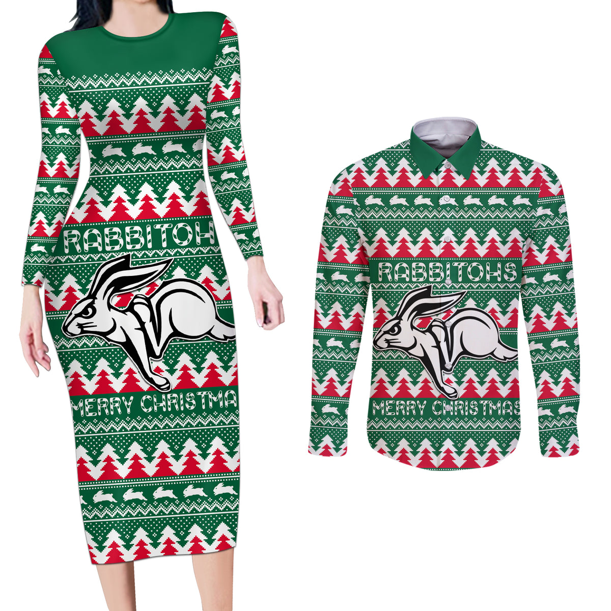 Personalised Rabbitohs Rugby Couples Matching Long Sleeve Bodycon Dress and Long Sleeve Button Shirt Christmas Simple Vibe 2023 LT9