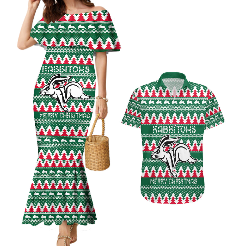 Personalised Rabbitohs Rugby Couples Matching Mermaid Dress and Hawaiian Shirt Christmas Simple Vibe 2023 LT9