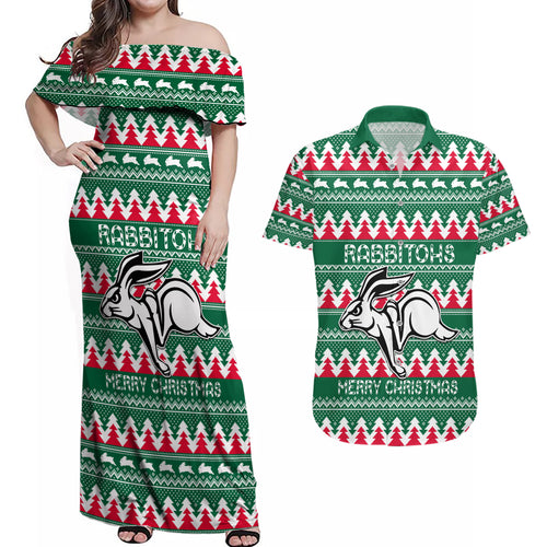 Personalised Rabbitohs Rugby Couples Matching Off Shoulder Maxi Dress and Hawaiian Shirt Christmas Simple Vibe 2023 LT9
