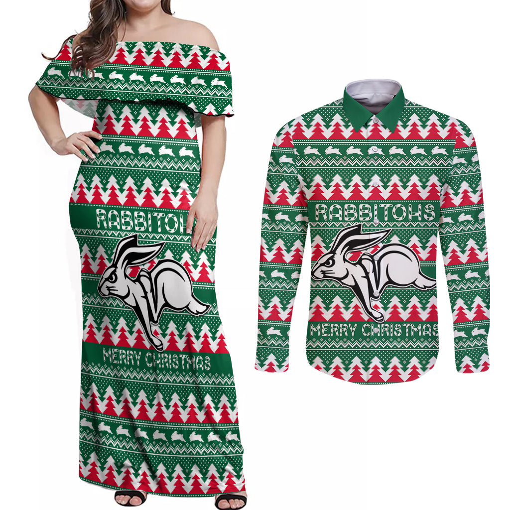 Personalised Rabbitohs Rugby Couples Matching Off Shoulder Maxi Dress and Long Sleeve Button Shirt Christmas Simple Vibe 2023 LT9