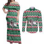 Personalised Rabbitohs Rugby Couples Matching Off Shoulder Maxi Dress and Long Sleeve Button Shirt Christmas Simple Vibe 2023 LT9