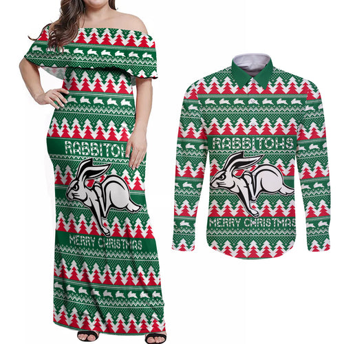 Personalised Rabbitohs Rugby Couples Matching Off Shoulder Maxi Dress and Long Sleeve Button Shirt Christmas Simple Vibe 2023 LT9