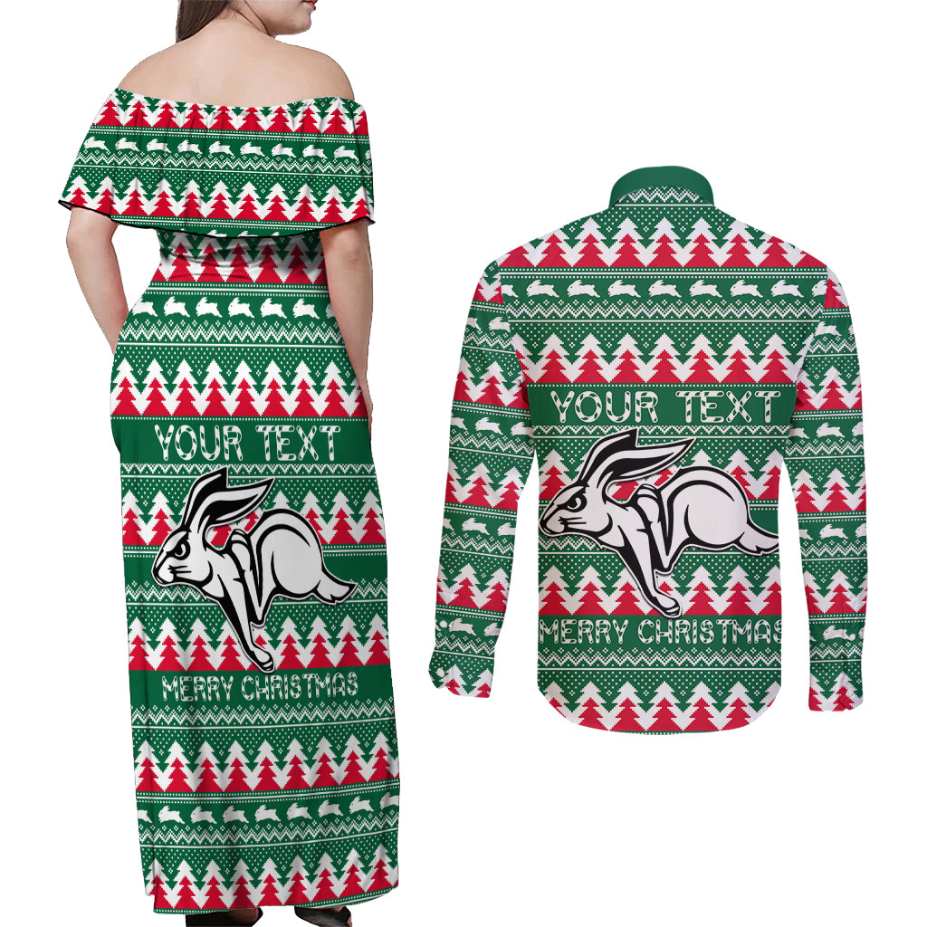 Personalised Rabbitohs Rugby Couples Matching Off Shoulder Maxi Dress and Long Sleeve Button Shirt Christmas Simple Vibe 2023 LT9
