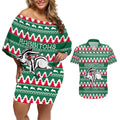 Personalised Rabbitohs Rugby Couples Matching Off Shoulder Short Dress and Hawaiian Shirt Christmas Simple Vibe 2023 LT9