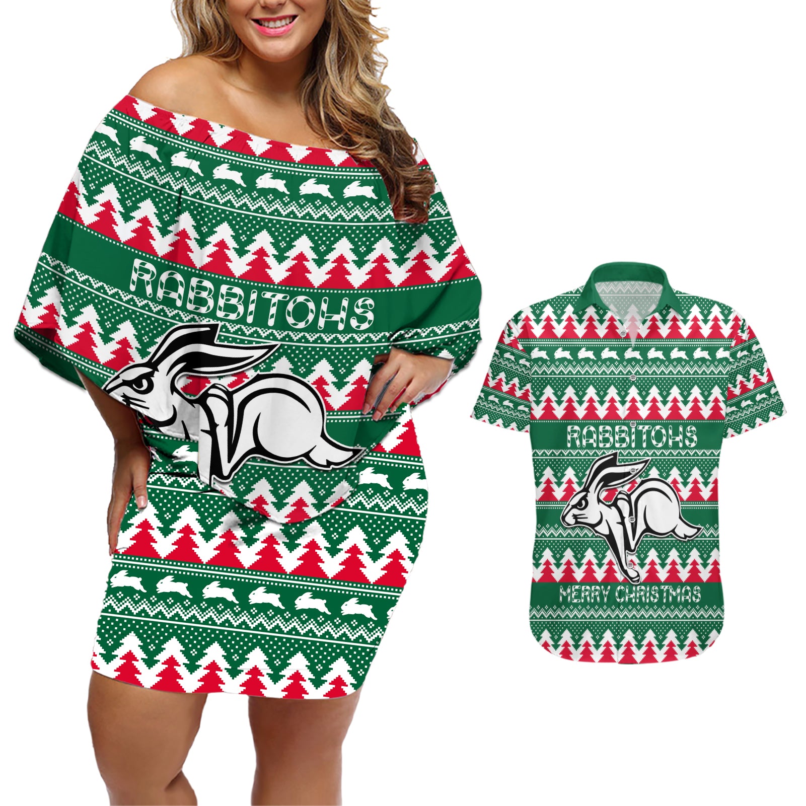 Personalised Rabbitohs Rugby Couples Matching Off Shoulder Short Dress and Hawaiian Shirt Christmas Simple Vibe 2023 LT9