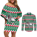 Personalised Rabbitohs Rugby Couples Matching Off Shoulder Short Dress and Long Sleeve Button Shirt Christmas Simple Vibe 2023 LT9