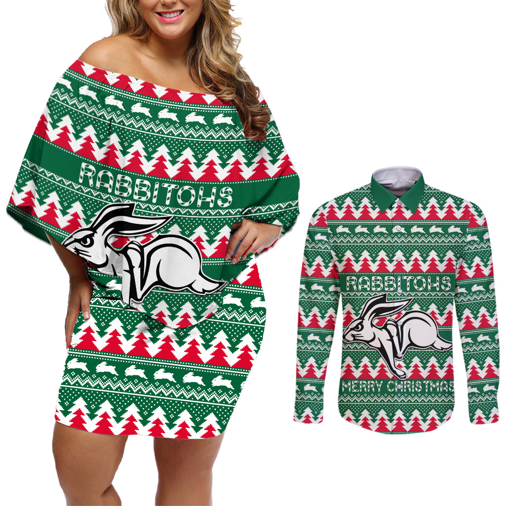 Personalised Rabbitohs Rugby Couples Matching Off Shoulder Short Dress and Long Sleeve Button Shirt Christmas Simple Vibe 2023 LT9