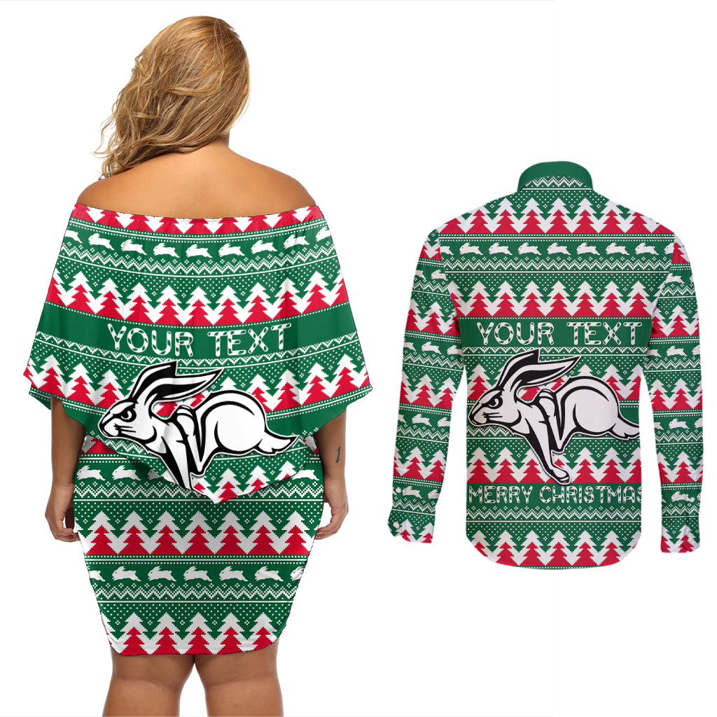 Personalised Rabbitohs Rugby Couples Matching Off Shoulder Short Dress and Long Sleeve Button Shirt Christmas Simple Vibe 2023 LT9