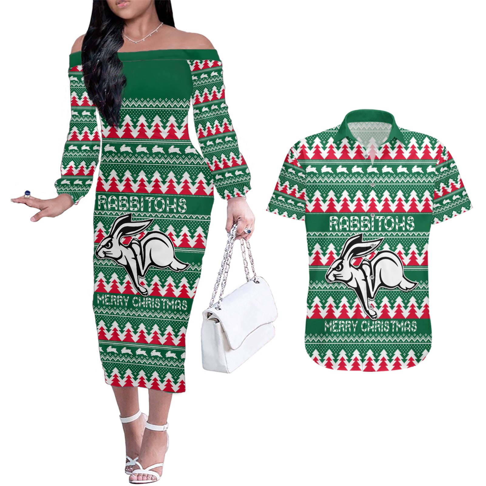 Personalised Rabbitohs Rugby Couples Matching Off The Shoulder Long Sleeve Dress and Hawaiian Shirt Christmas Simple Vibe 2023 LT9