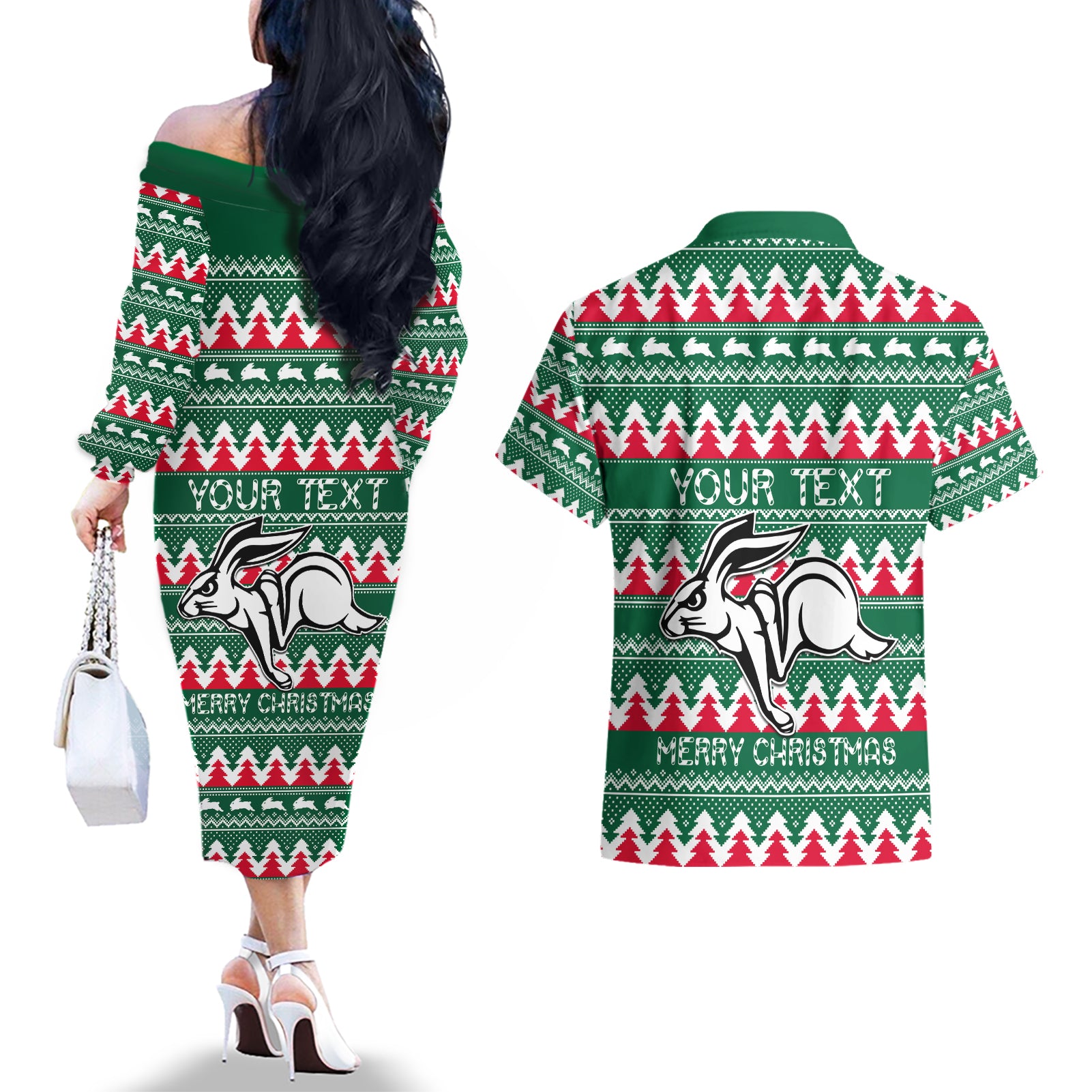 Personalised Rabbitohs Rugby Couples Matching Off The Shoulder Long Sleeve Dress and Hawaiian Shirt Christmas Simple Vibe 2023 LT9