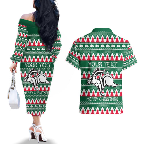 Personalised Rabbitohs Rugby Couples Matching Off The Shoulder Long Sleeve Dress and Hawaiian Shirt Christmas Simple Vibe 2023 LT9