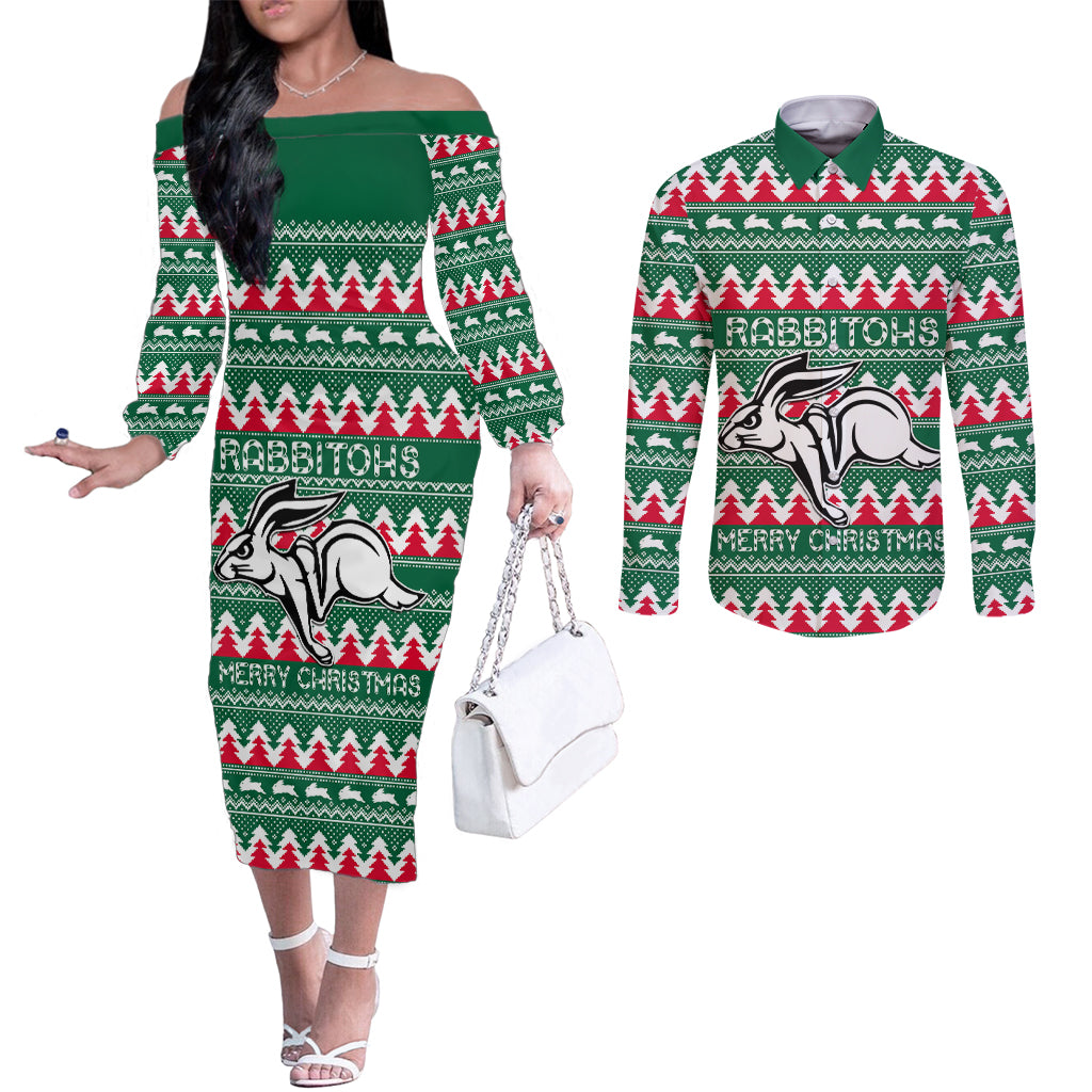 Personalised Rabbitohs Rugby Couples Matching Off The Shoulder Long Sleeve Dress and Long Sleeve Button Shirt Christmas Simple Vibe 2023 LT9