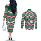Personalised Rabbitohs Rugby Couples Matching Off The Shoulder Long Sleeve Dress and Long Sleeve Button Shirt Christmas Simple Vibe 2023 LT9