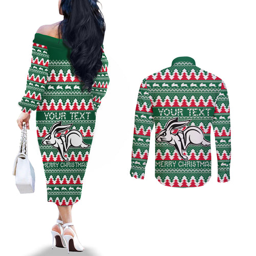 Personalised Rabbitohs Rugby Couples Matching Off The Shoulder Long Sleeve Dress and Long Sleeve Button Shirt Christmas Simple Vibe 2023 LT9