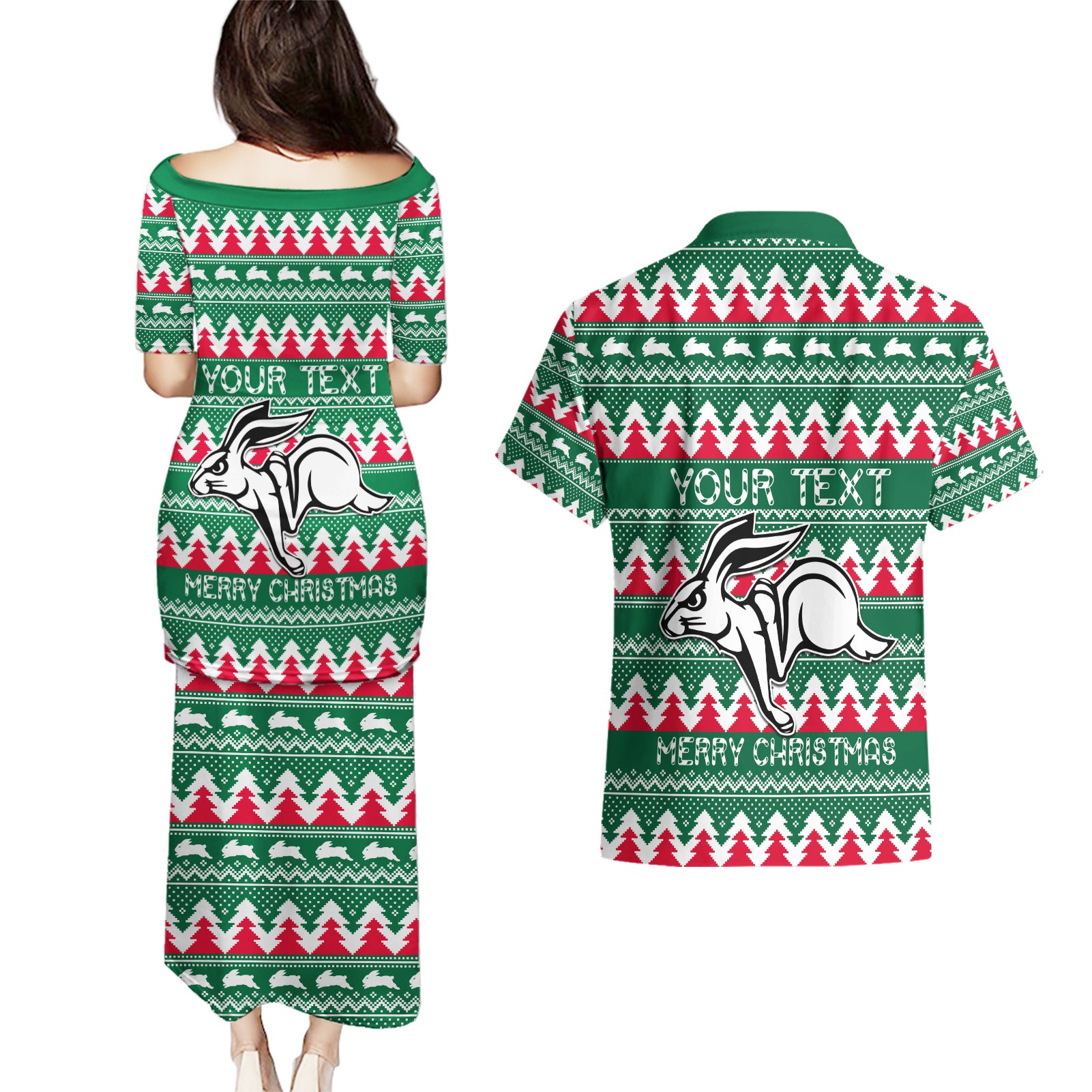 Personalised Rabbitohs Rugby Couples Matching Puletasi Dress and Hawaiian Shirt Christmas Simple Vibe 2023 LT9