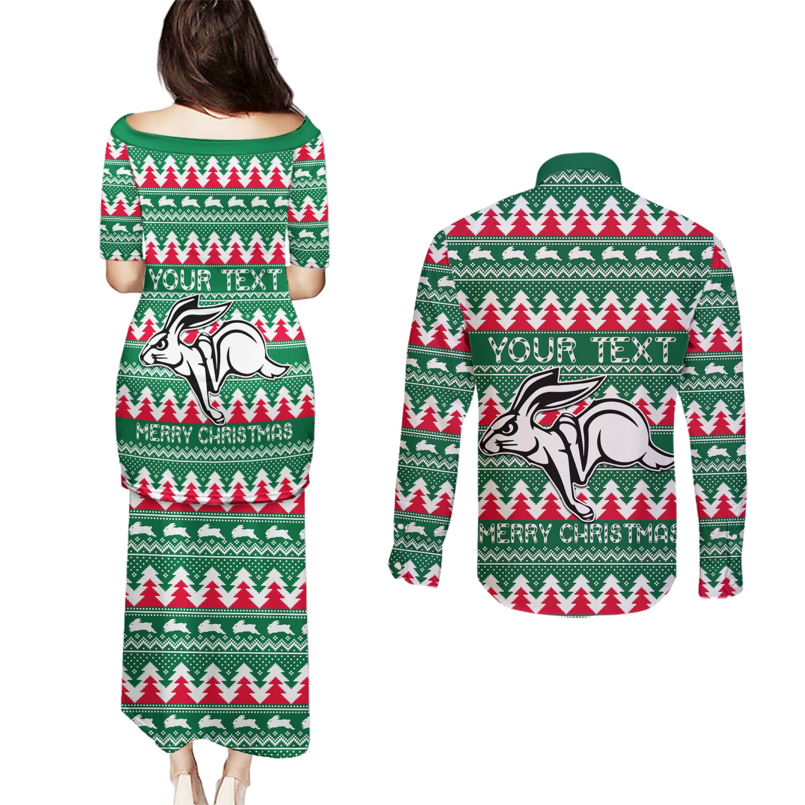 Personalised Rabbitohs Rugby Couples Matching Puletasi Dress and Long Sleeve Button Shirt Christmas Simple Vibe 2023 LT9