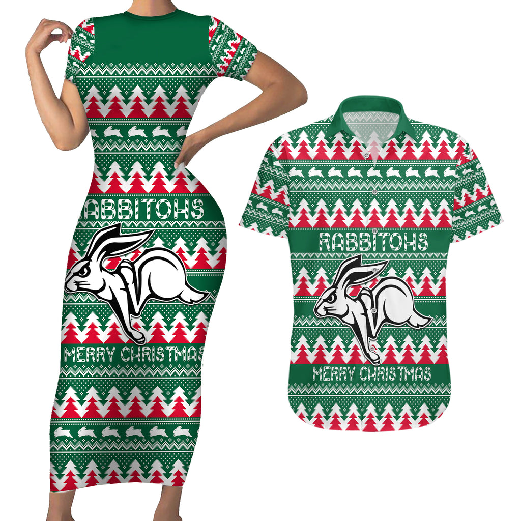 Personalised Rabbitohs Rugby Couples Matching Short Sleeve Bodycon Dress and Hawaiian Shirt Christmas Simple Vibe 2023 LT9