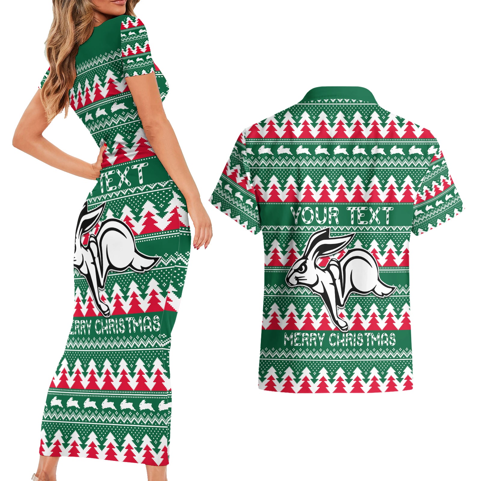 Personalised Rabbitohs Rugby Couples Matching Short Sleeve Bodycon Dress and Hawaiian Shirt Christmas Simple Vibe 2023 LT9