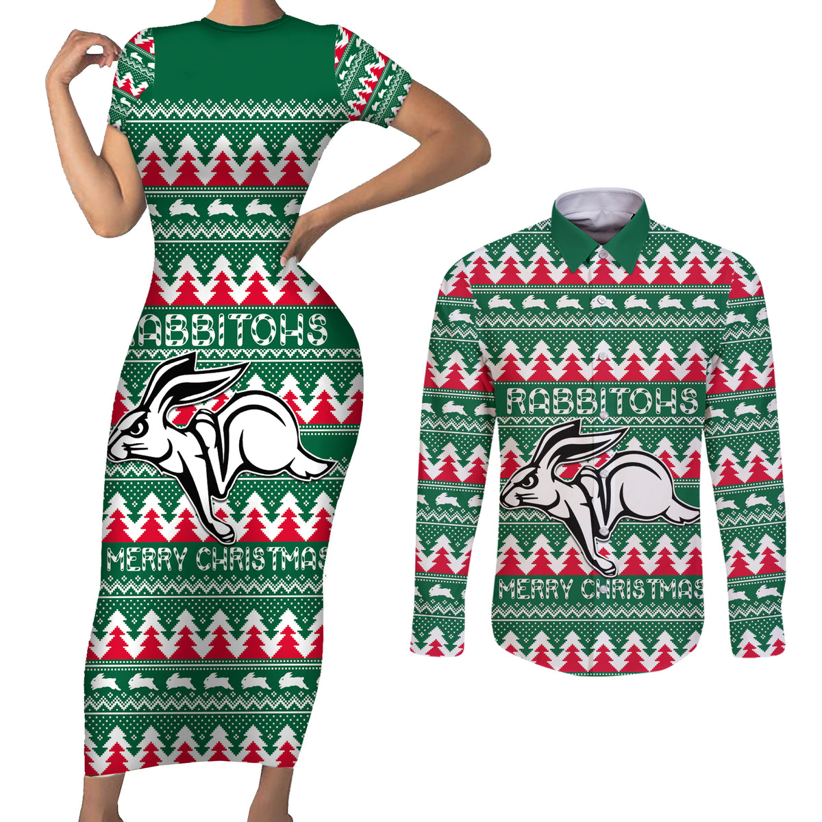 Personalised Rabbitohs Rugby Couples Matching Short Sleeve Bodycon Dress and Long Sleeve Button Shirt Christmas Simple Vibe 2023 LT9