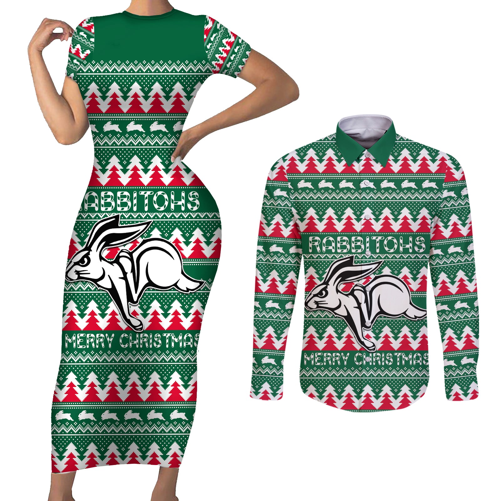 Personalised Rabbitohs Rugby Couples Matching Short Sleeve Bodycon Dress and Long Sleeve Button Shirt Christmas Simple Vibe 2023 LT9