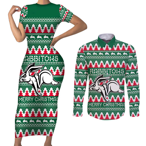 Personalised Rabbitohs Rugby Couples Matching Short Sleeve Bodycon Dress and Long Sleeve Button Shirt Christmas Simple Vibe 2023 LT9