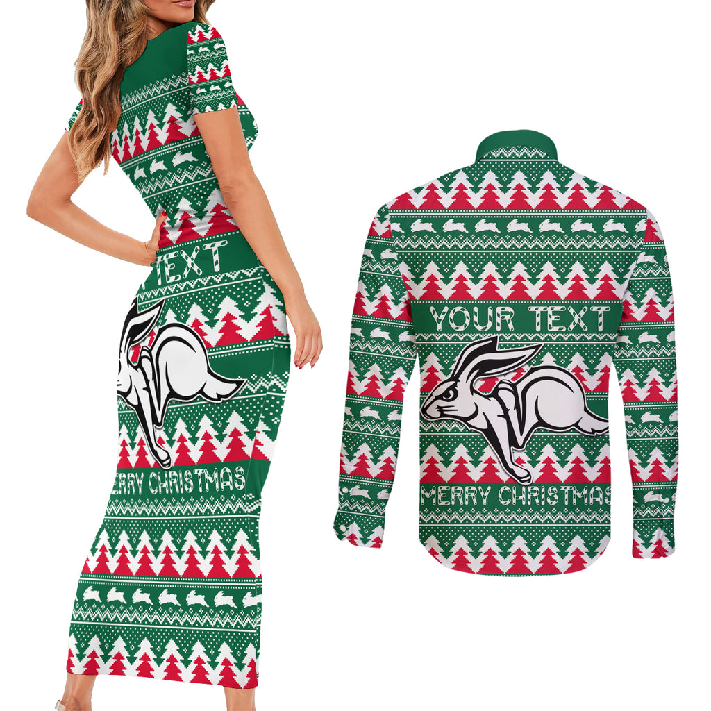 Personalised Rabbitohs Rugby Couples Matching Short Sleeve Bodycon Dress and Long Sleeve Button Shirt Christmas Simple Vibe 2023 LT9