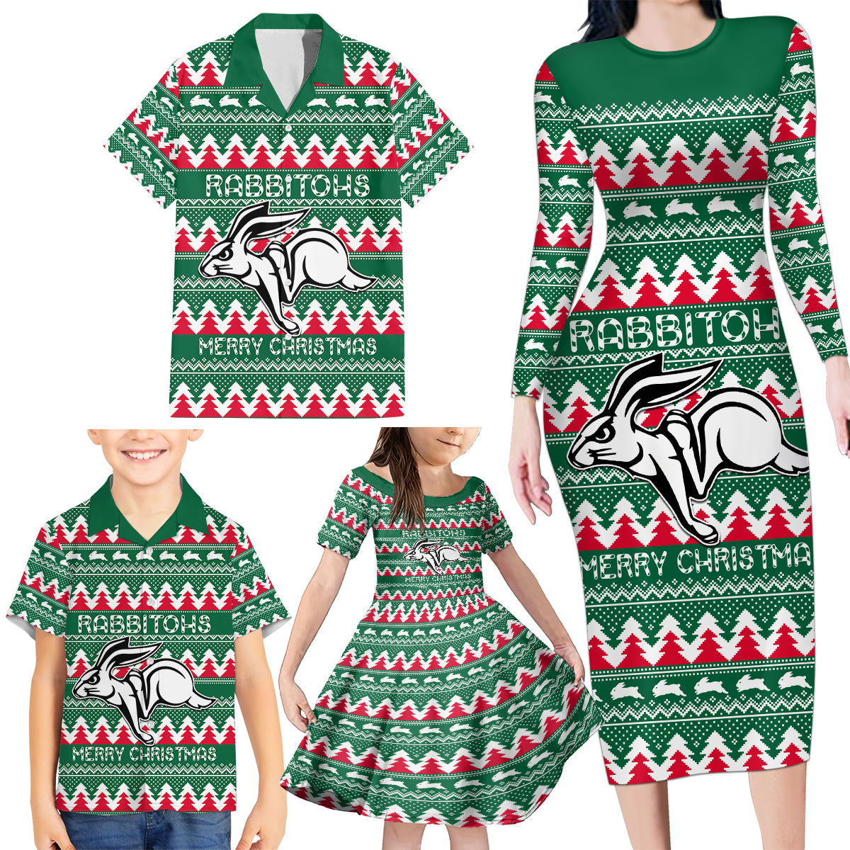 Personalised Rabbitohs Rugby Family Matching Long Sleeve Bodycon Dress and Hawaiian Shirt Christmas Simple Vibe 2023 LT9