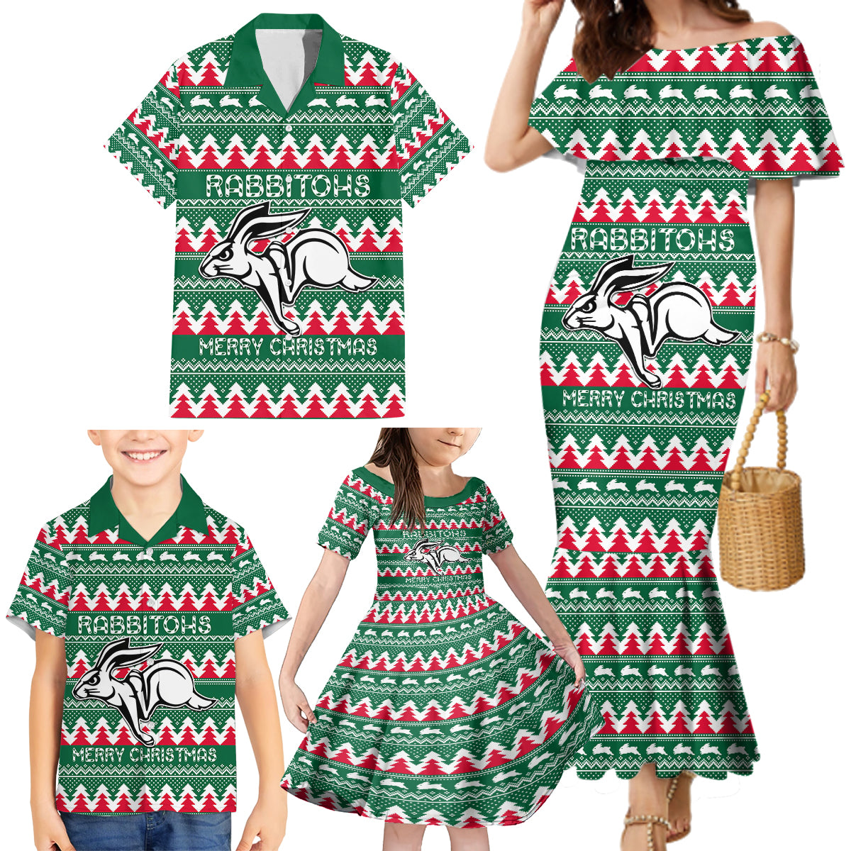 Personalised Rabbitohs Rugby Family Matching Mermaid Dress and Hawaiian Shirt Christmas Simple Vibe 2023 LT9